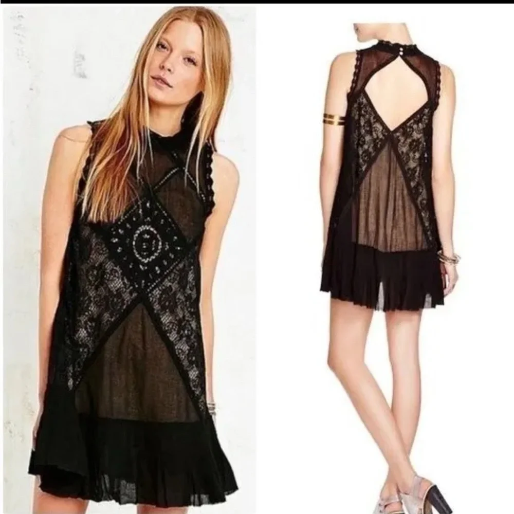 Free People SM Angel Mini Dress Sheer Black Gauze Cotton Boho Crochet Lace - Picture 1 of 8